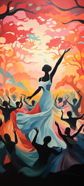painting of a woman in a white dress dancing in a field generative ai