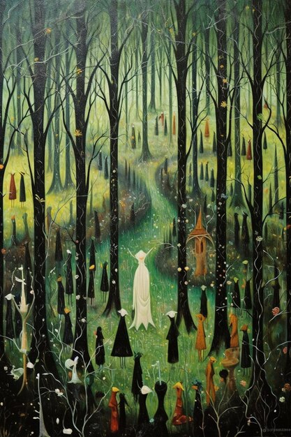 Foto dipinto di una donna con un vestito bianco in una foresta con altre persone generative ai
