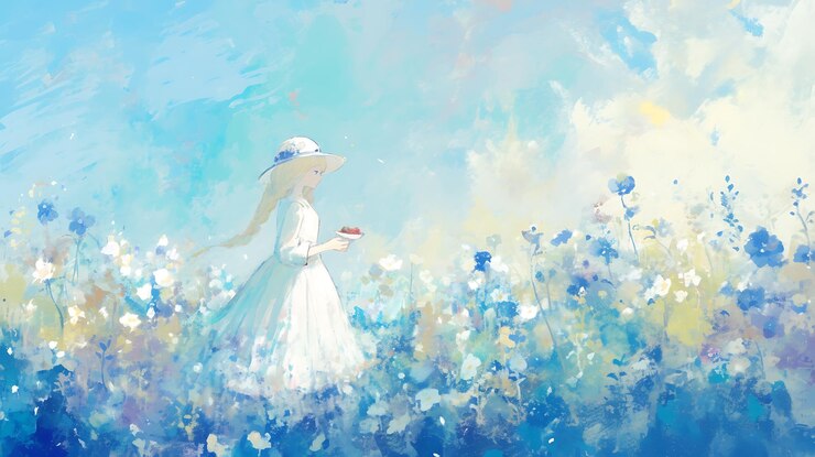 Photo 花の畑で白いドレスと帽子を着た女性の絵画