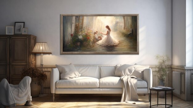 A painting of a woman in a white dress is hanging on a wall.