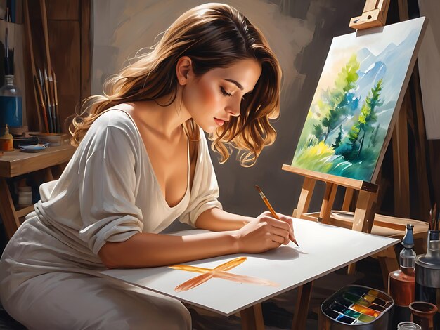Photo a painting of a woman in a white dress is sitting in front of a painting