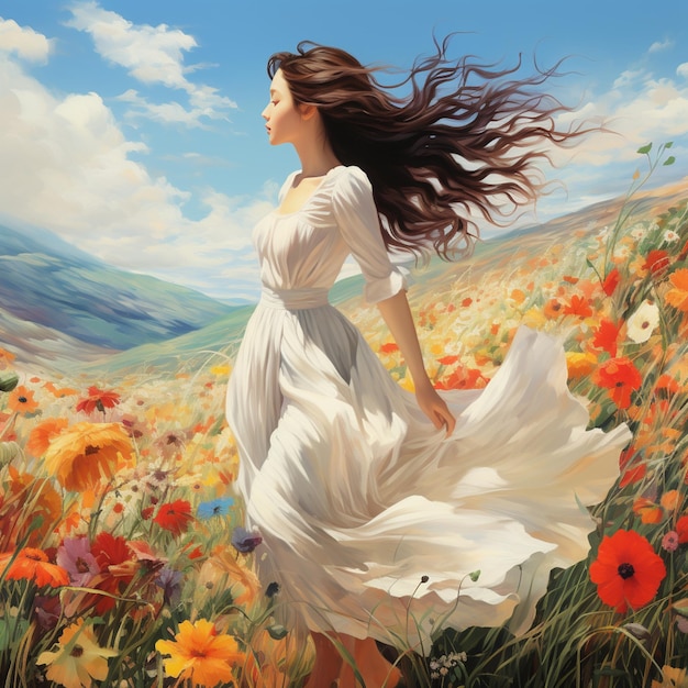 Photo painting of a woman in a white dress walking through a field of flowers generative ai