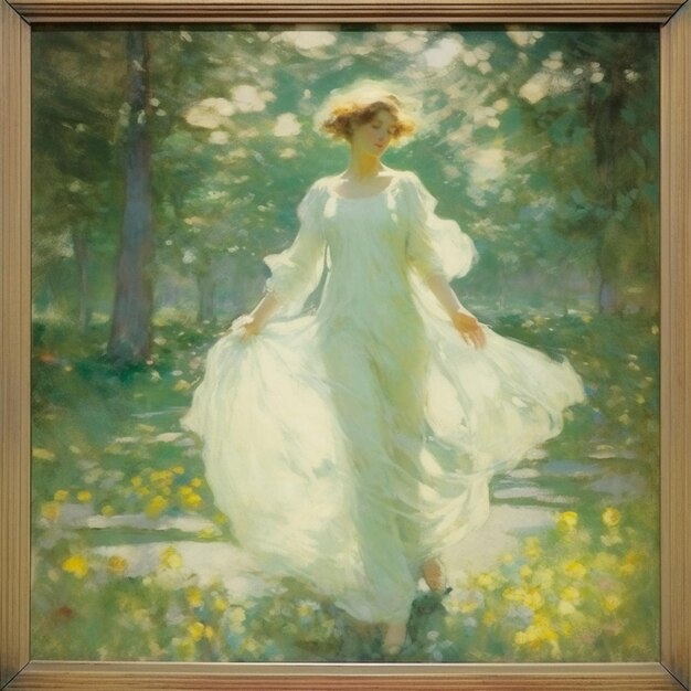 Painting of a woman in a white dress walking through a forest generative ai