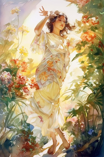 Картина женщины в белом платье с цветами.