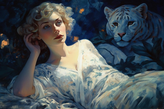 A painting of a woman and a white tiger