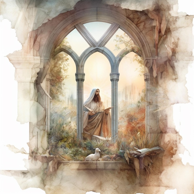 Painting of a woman in a window with a view of a forest generative ai