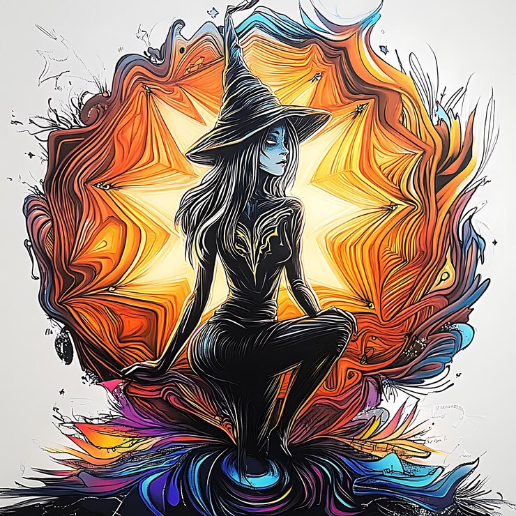 फोटो painting of a woman in a witch hat sitting on a flower