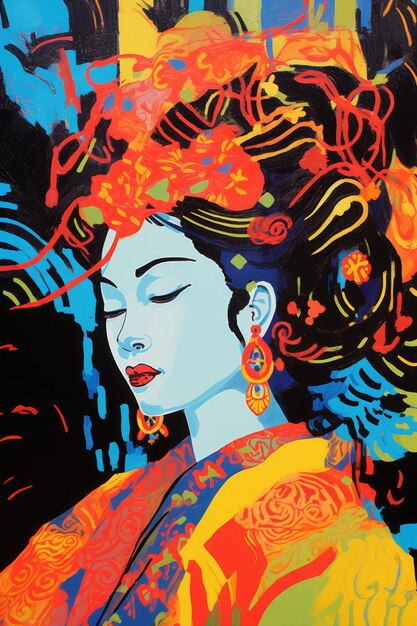 painting of woman with ancient costume like a queen with colorful background