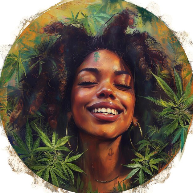 Painting of a woman with a big smile and a lot of leaves