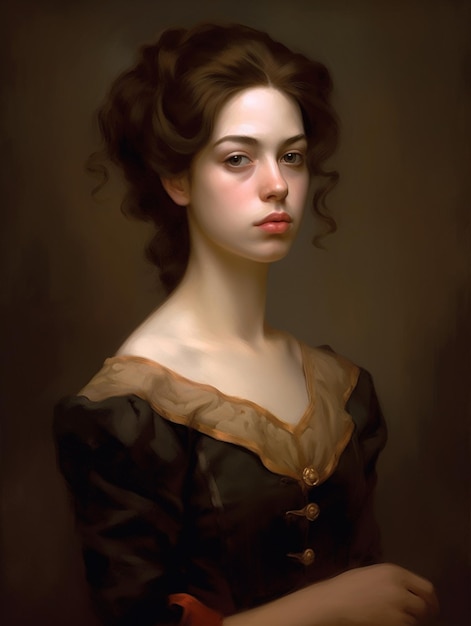 A painting of a woman with a black dress and a gold collar