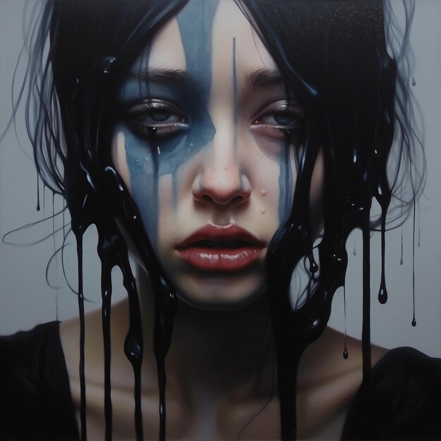 a painting of a woman with black hair and blue paint