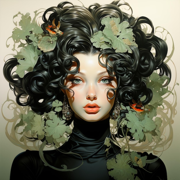 Painting of a woman with a black hair and a butterfly in her hair generative ai