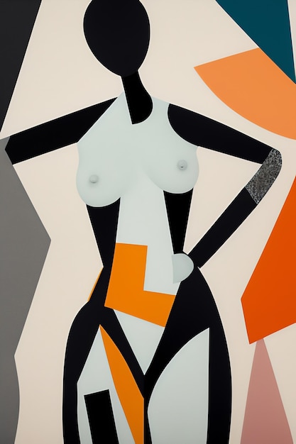 A painting of a woman with a black and orange hair and a white body