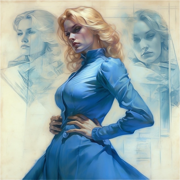 A painting of a woman with blonde hair and a blue dress.