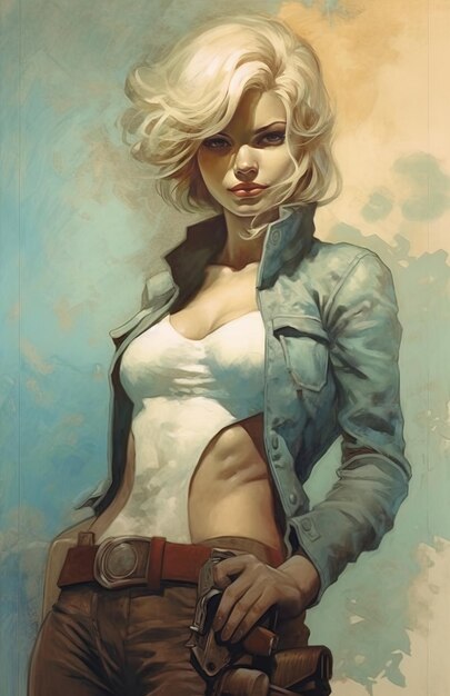 a painting of a woman with blonde hair and a blue jacket