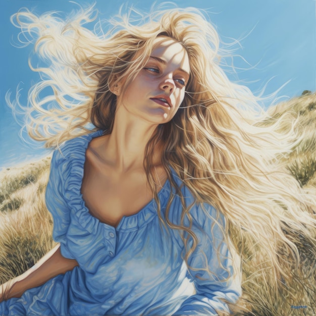 Photo a painting of a woman with blonde hair and blue sky.