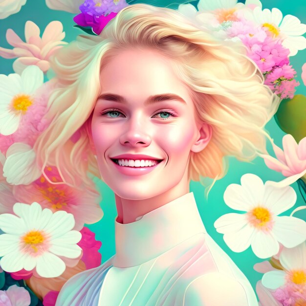 A painting of a woman with blonde hair and flowers on the background.