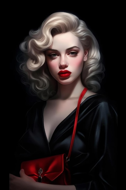 A painting of a woman with blonde hair and a red bag.