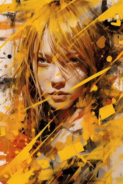 A painting of a woman with blonde hair and yellow paint.