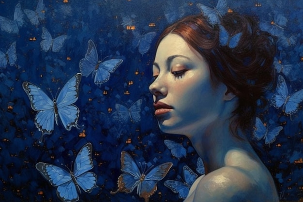 A painting of a woman with blue butterflies on her face.