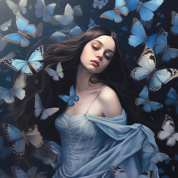 A painting of a woman with blue butterflies on her head