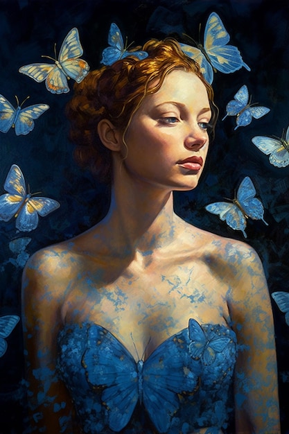 A painting of a woman with blue butterflies on her head