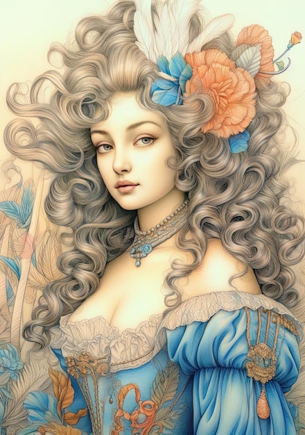 a painting of a woman with a blue dress and a flower in her hair