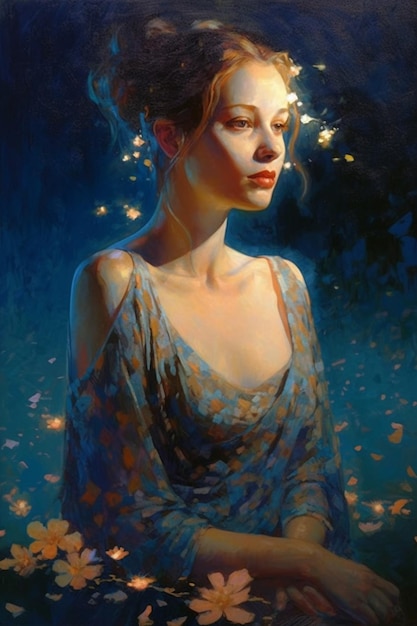 Картина женщины в голубом платье и с цветами.