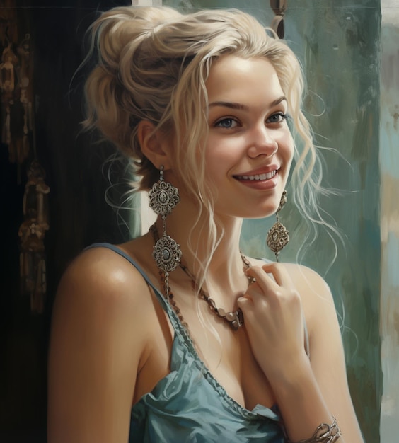 窓の前で青いドレスを着て宝石を飾っている女性の絵画