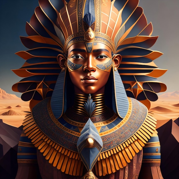 A painting of a woman with a blue egyptian mask.