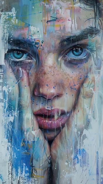 a painting of a woman with blue eyes and a blue eye