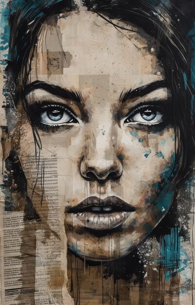 a painting of a woman with blue eyes and a newspaper background generative ai