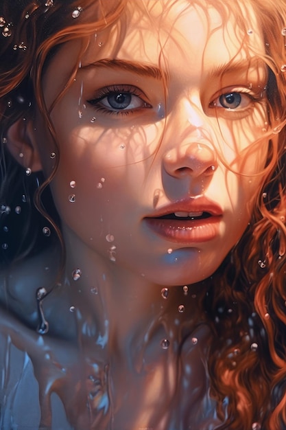 A painting of a woman with blue eyes and red hair