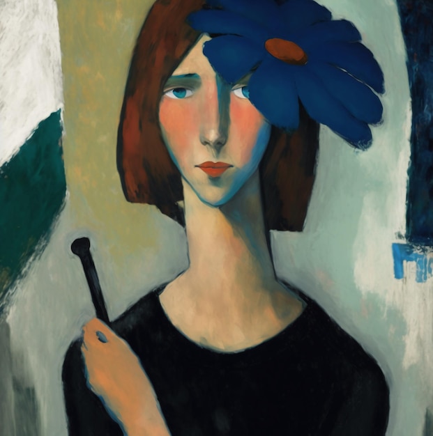 青い花を頭に乗せた女性の絵。