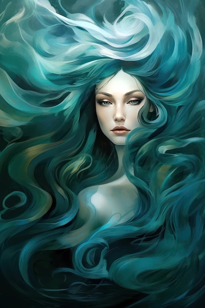 A painting of a woman with blue hair and blue eyes.