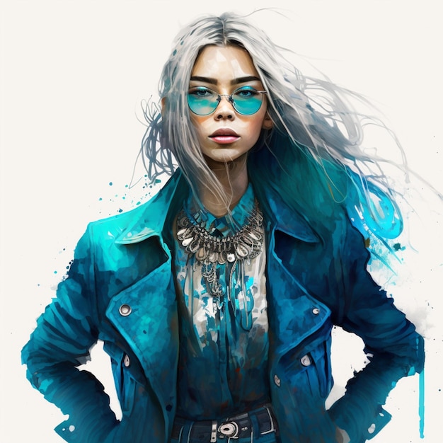 painting of a woman with blue hair and a blue jacket generative ai