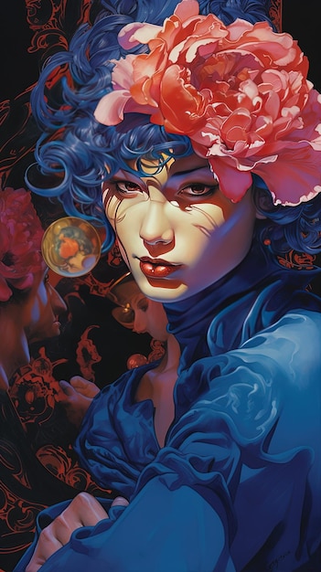 A painting of a woman with blue hair and a flower in her hair.