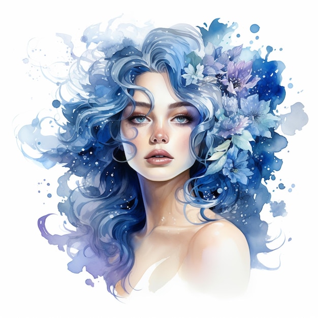 Painting of a woman with blue hair and flowers in her hair generative ai