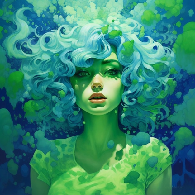 painting of a woman with blue hair and green dress generative ai