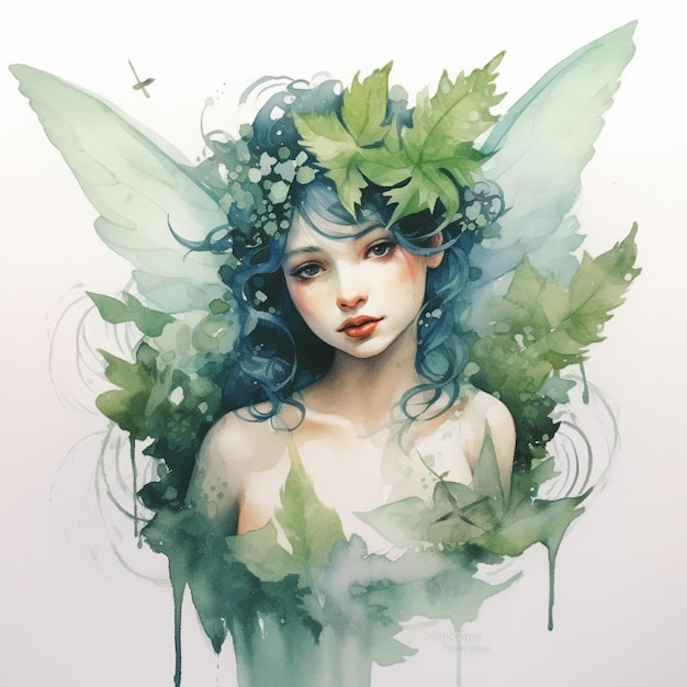 Painting of a woman with blue hair and green leaves on her head generative ai