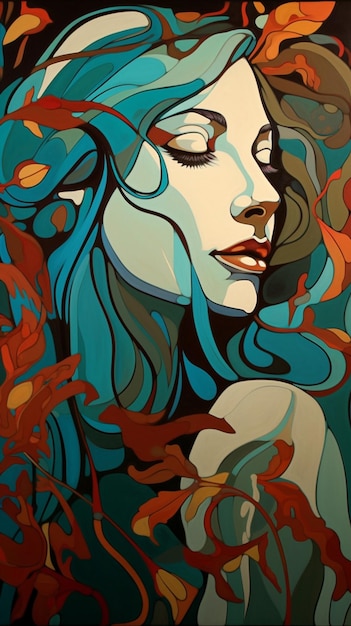 A painting of a woman with blue hair and leaves on it