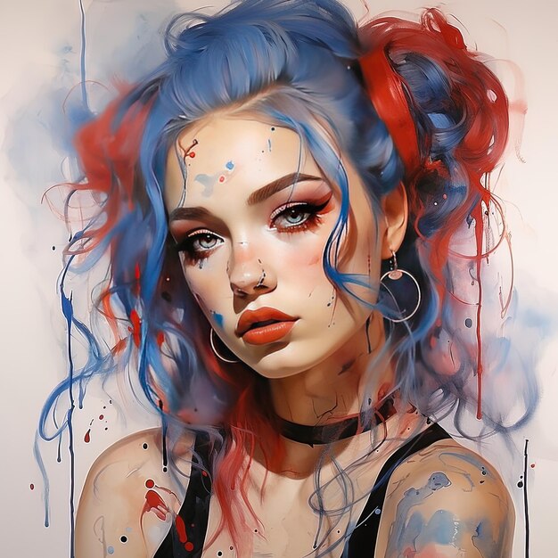 a painting of a woman with blue hair and a red eye