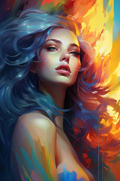 Photo a painting of a woman with blue hair and a red and yellow flower in the middle