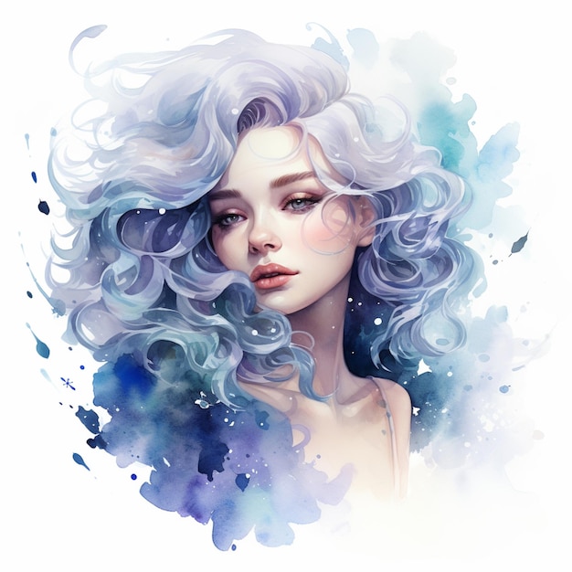 Картина женщины с голубыми волосами и в белом платье генеративный ай
