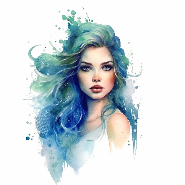 Painting of a woman with blue hair and a white top generative ai