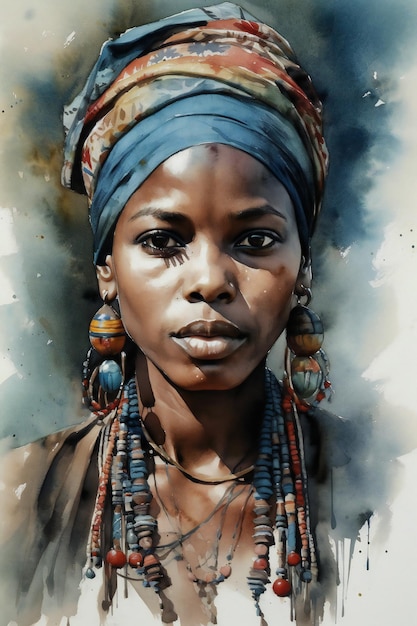 A painting of a woman with a blue scarf and beaded earrings