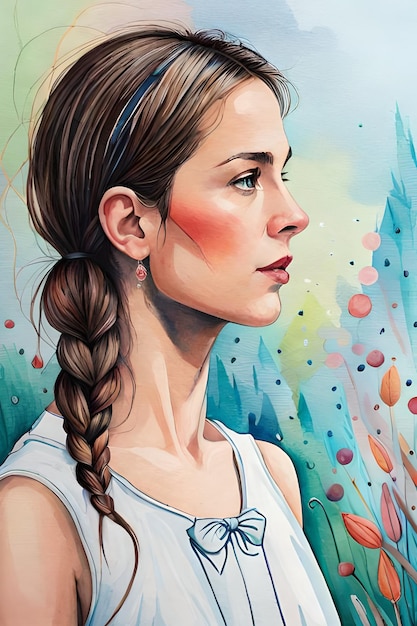 A painting of a woman with a braided hair.