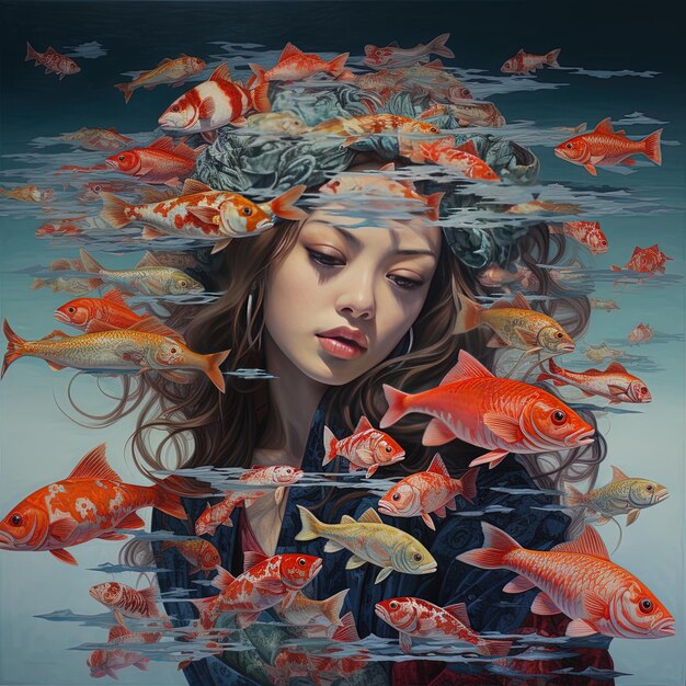 Photo a painting of a woman with a bunch of fish swimming in it