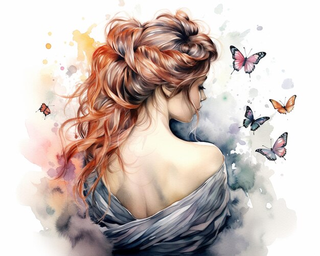 Photo painting of a woman with a butterfly in her hair generative ai