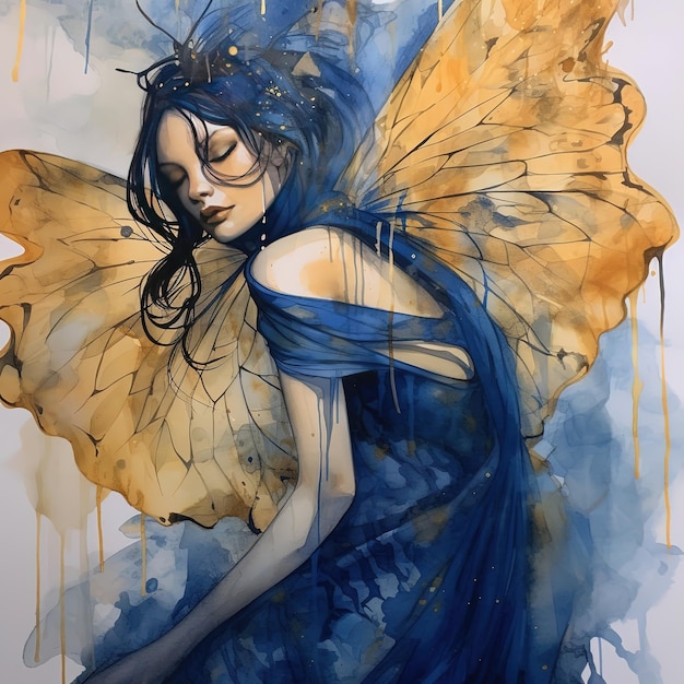 蝶の羽を持つ女性の絵。